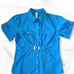 L.A. Blues Women Button Down Shirt Blue Size Medium Short Sleevess Front Pockets
